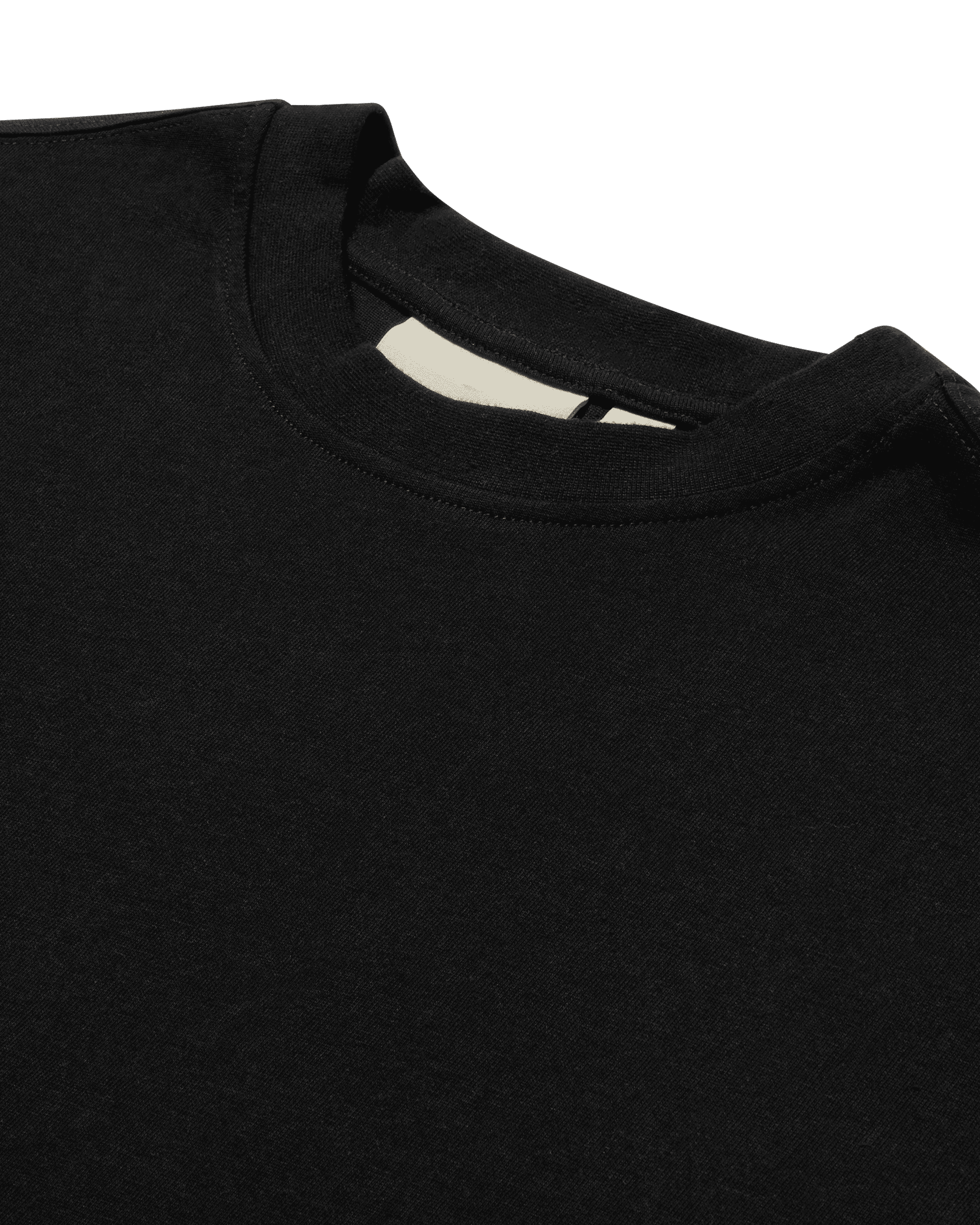 Close-up of a black crewneck T-shirt collar, highlighting the ribbed neckline and soft cotton fabric texture.