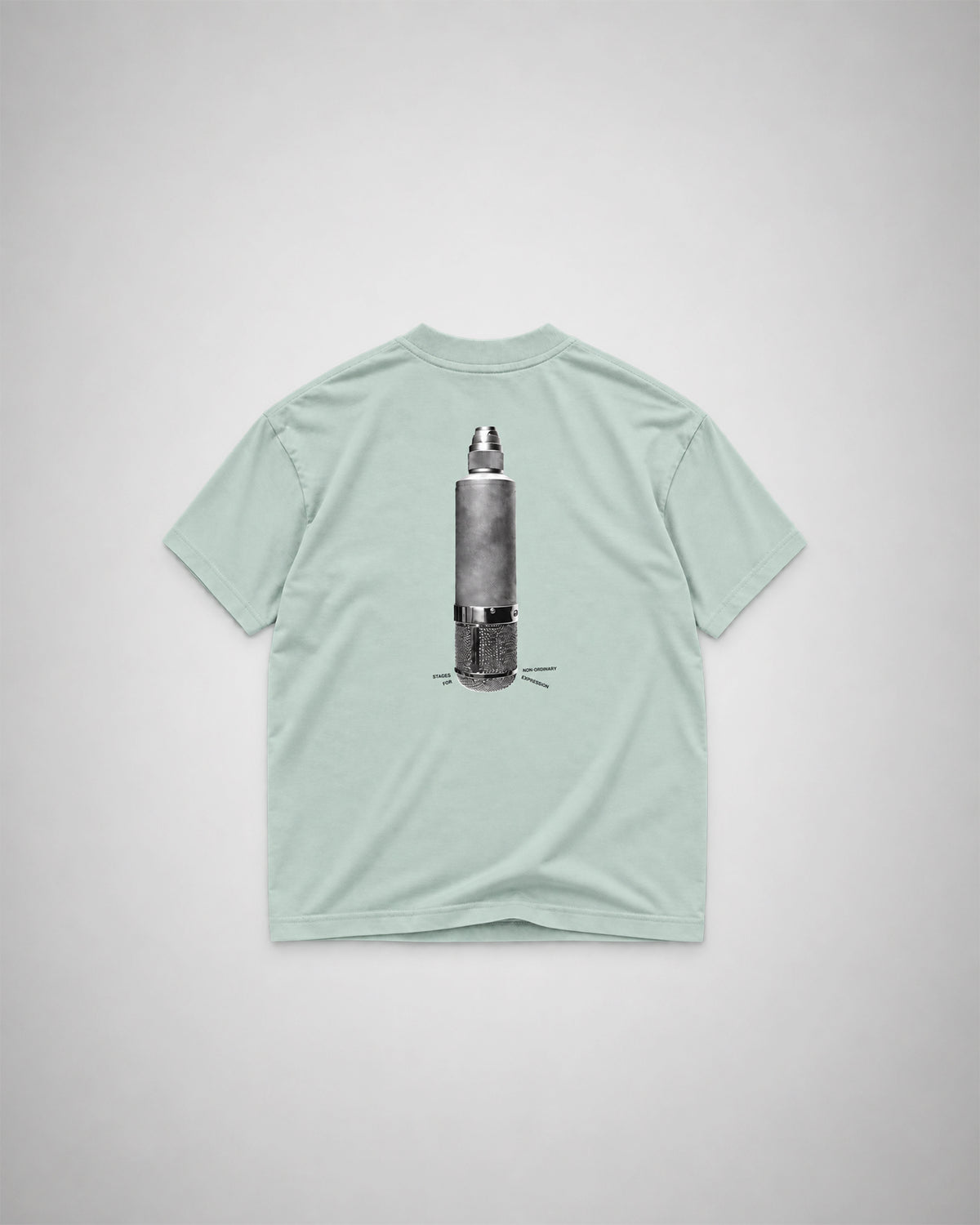 COLORS Mic T-Shirt in New Mint, back view laid flat – heavyweight mint green cotton tee with halftone microphone print