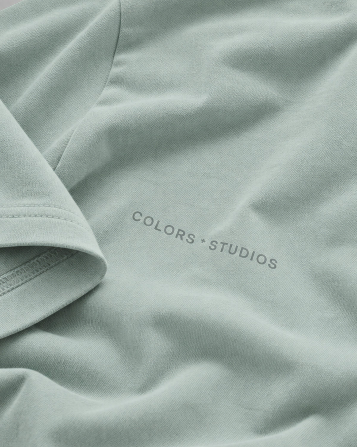 Detail of the tonal COLORS STUDIOS print on the front of the New Mint COLORS Mic T-Shirt