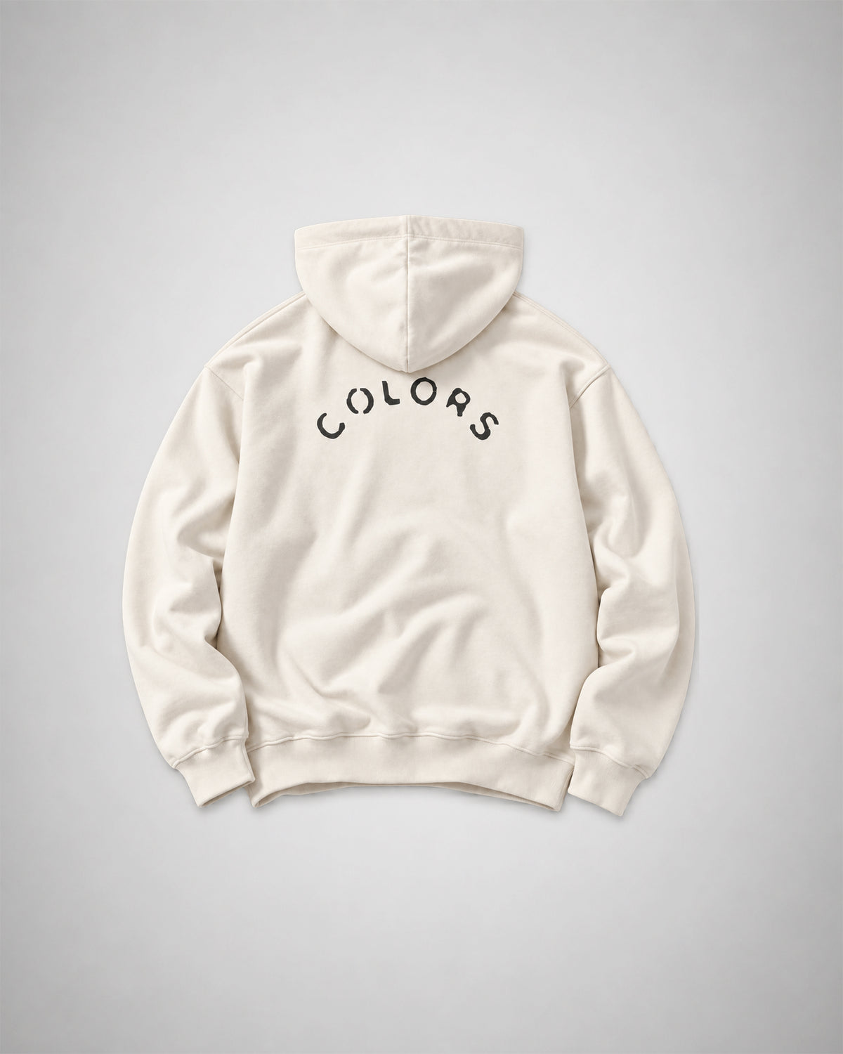 Back view of the COLORS I Love Hoodie in Pearl Canvas laid flat, with arched COLORS lettering print