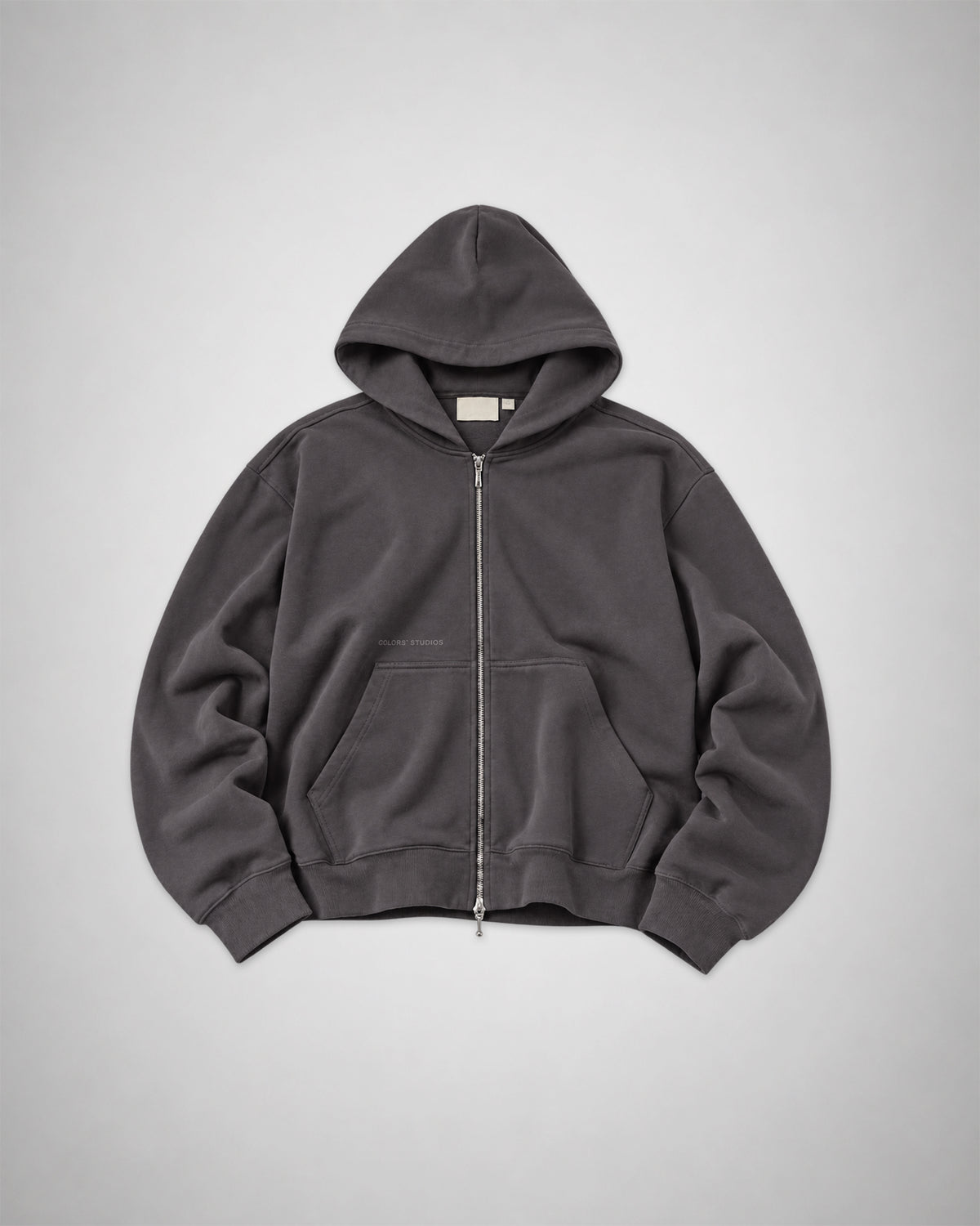 COLORS Baseline 2.0 Zip Hoodie in Anthracite, front view laid flat – heavyweight dark grey cotton hoodie with metal zip and kangaroo pockets
