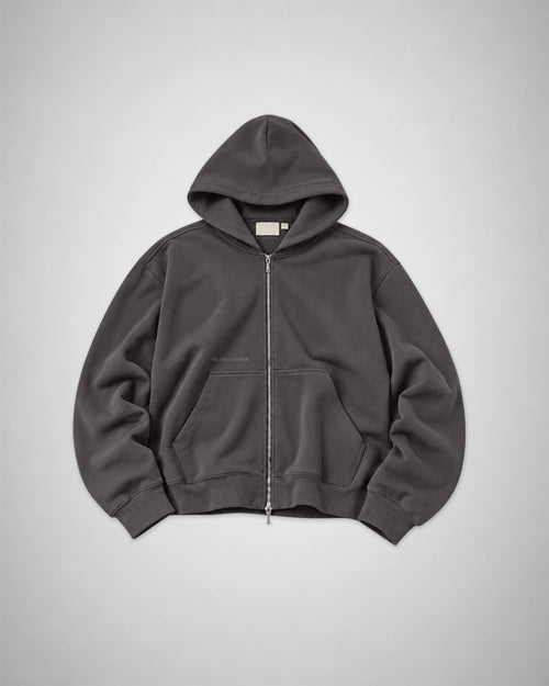 COLORS Baseline 2.0 Zip Hoodie in Anthracite, front view laid flat – heavyweight dark grey cotton hoodie with metal zip and kangaroo pockets