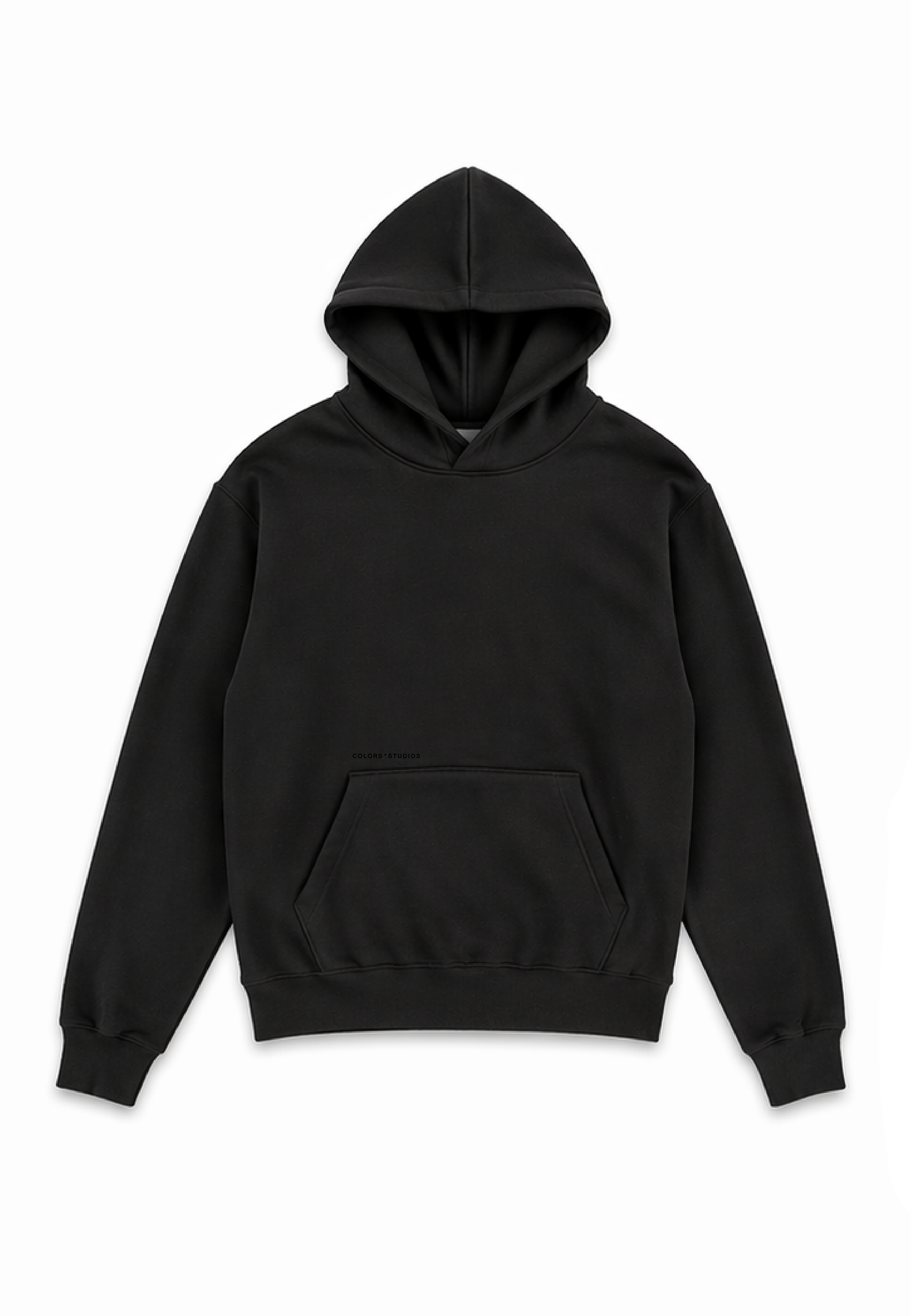 Black hoodie with hood and kangaroo pocket. Soft fabric blend.