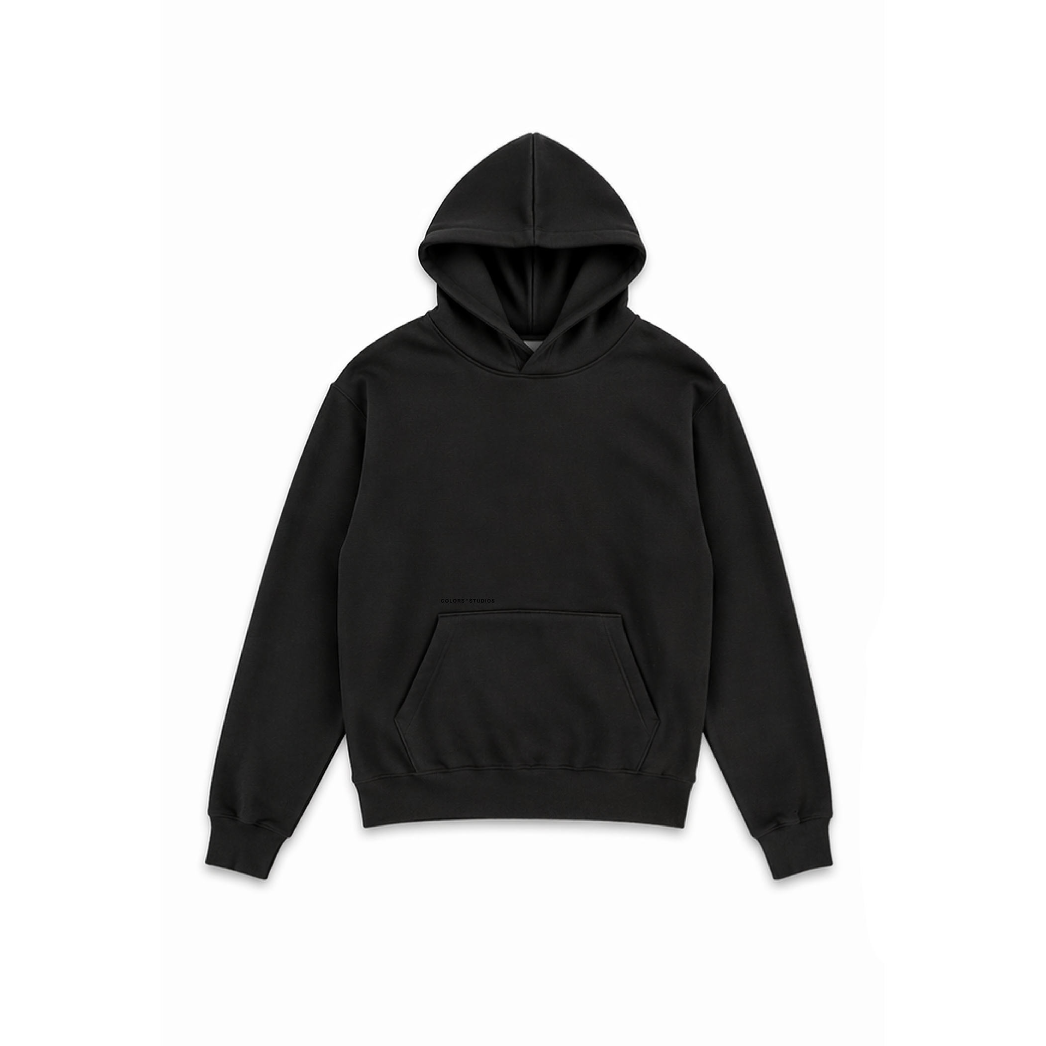 Black hoodie with hood and kangaroo pocket. Soft fabric blend.