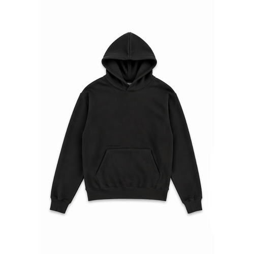 Black hoodie with hood and kangaroo pocket. Soft fabric blend.