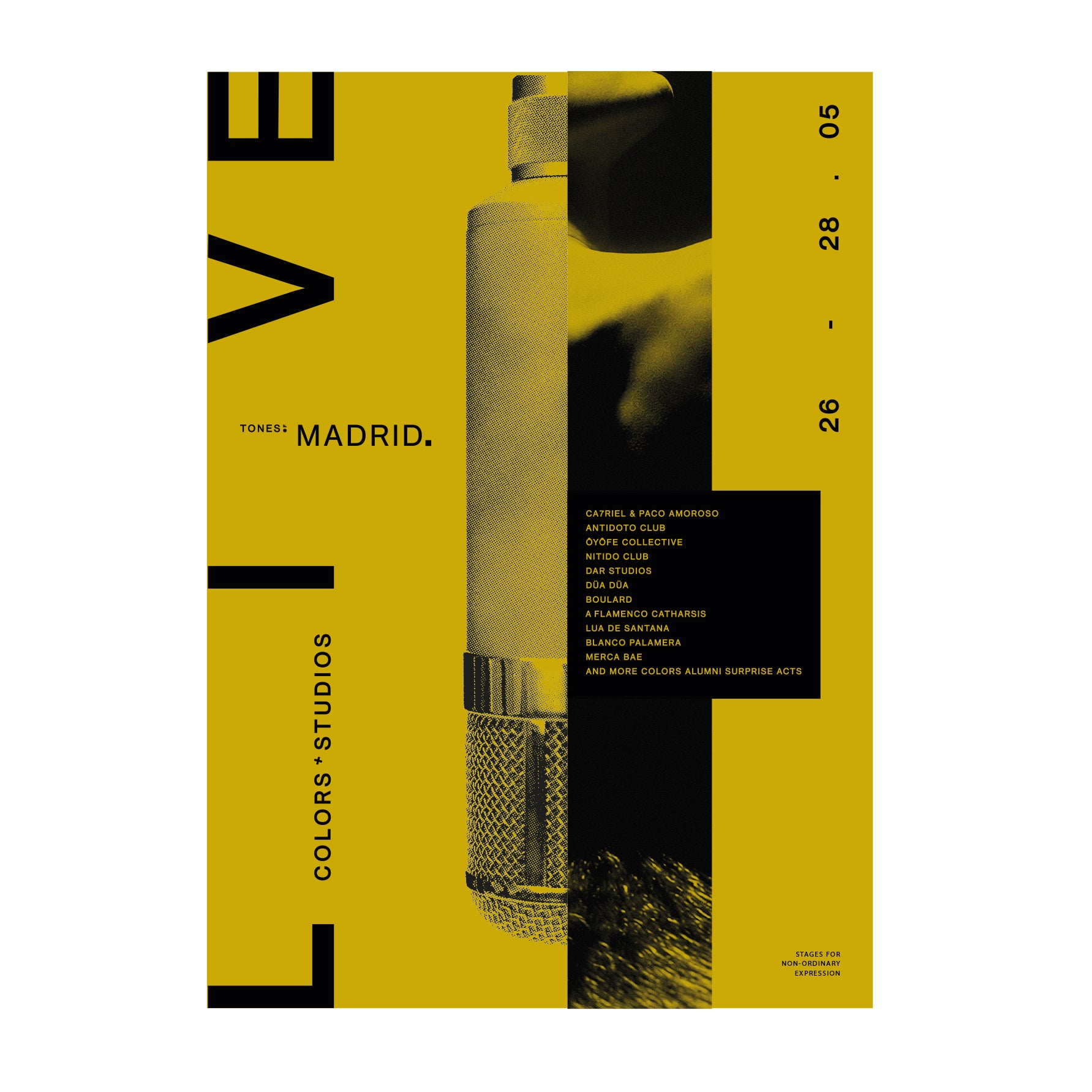 Poster with a yellow graphic Tones of Madrid