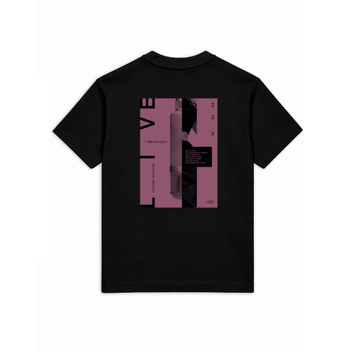 Black T-shirt with crew neck and large back graphic in pink tones featuring microphone artwork and “Mexico City” text.