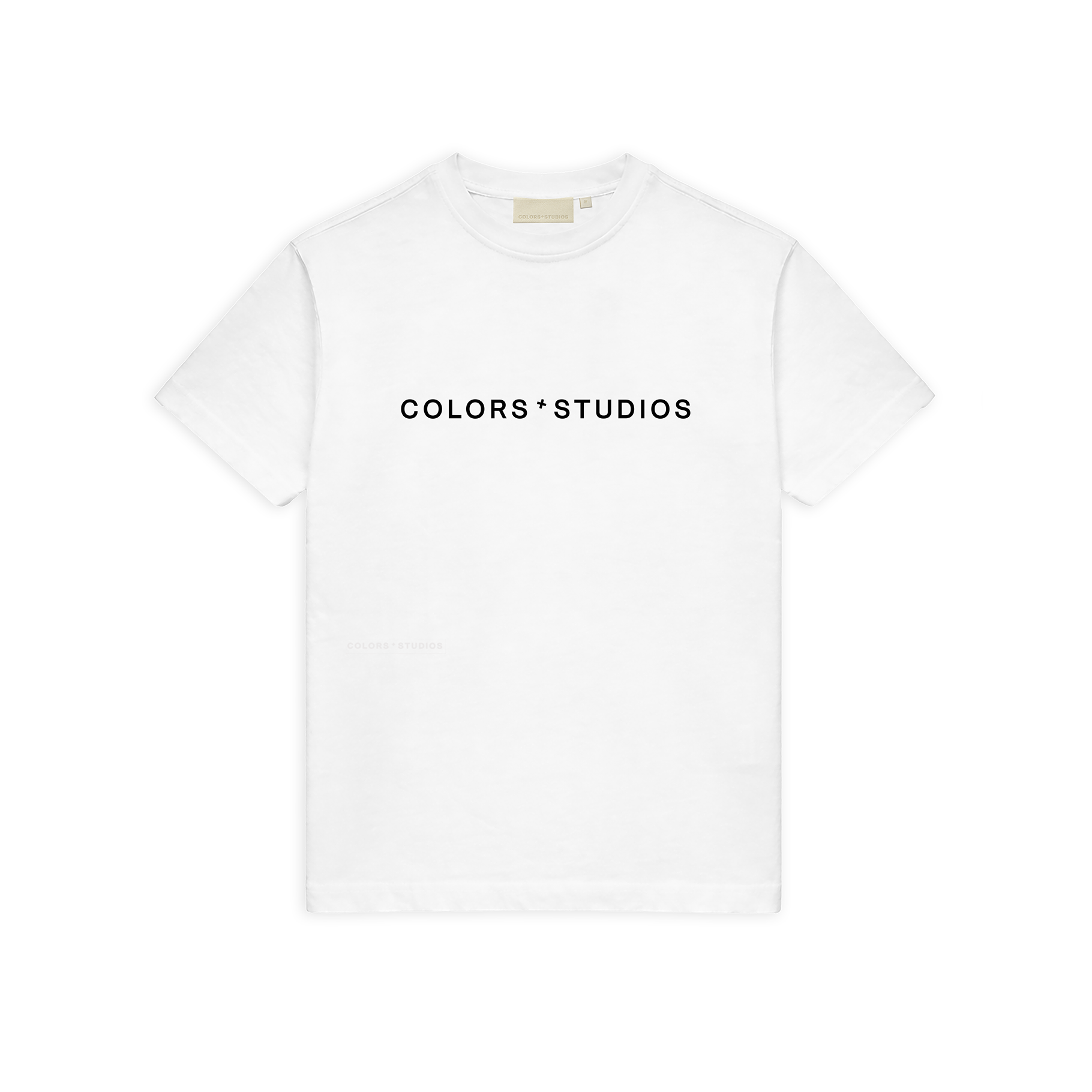 White T-shirt with crew neck and centered black “COLORS * STUDIOS” logo on the front.