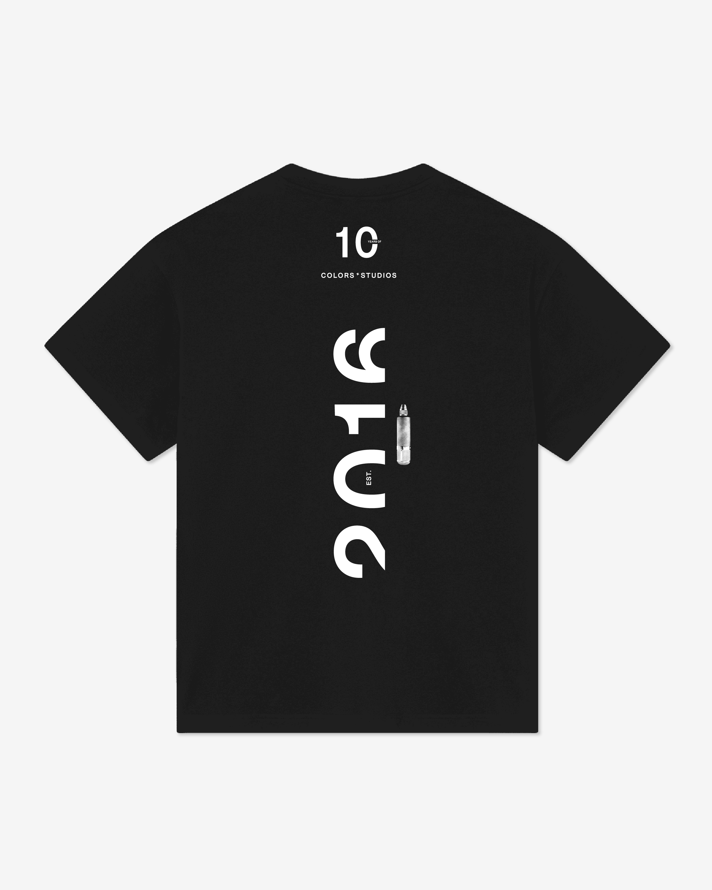 Black crewneck T-shirt featuring a minimalist white “2016” logo on the upper chest with “Colors Studios” in smaller text below.